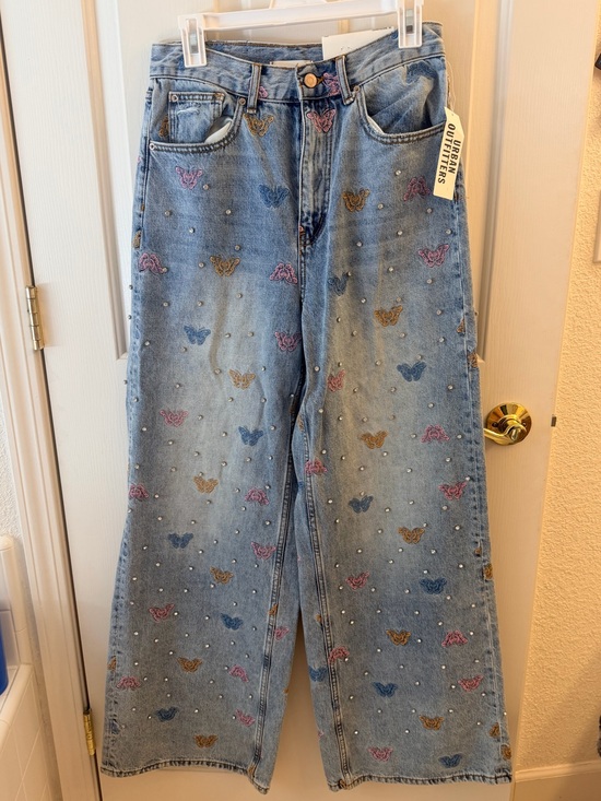 BDG Denim - BDG Light Blue Wide-Leg Jeans with Embroidered Butterflies never warn